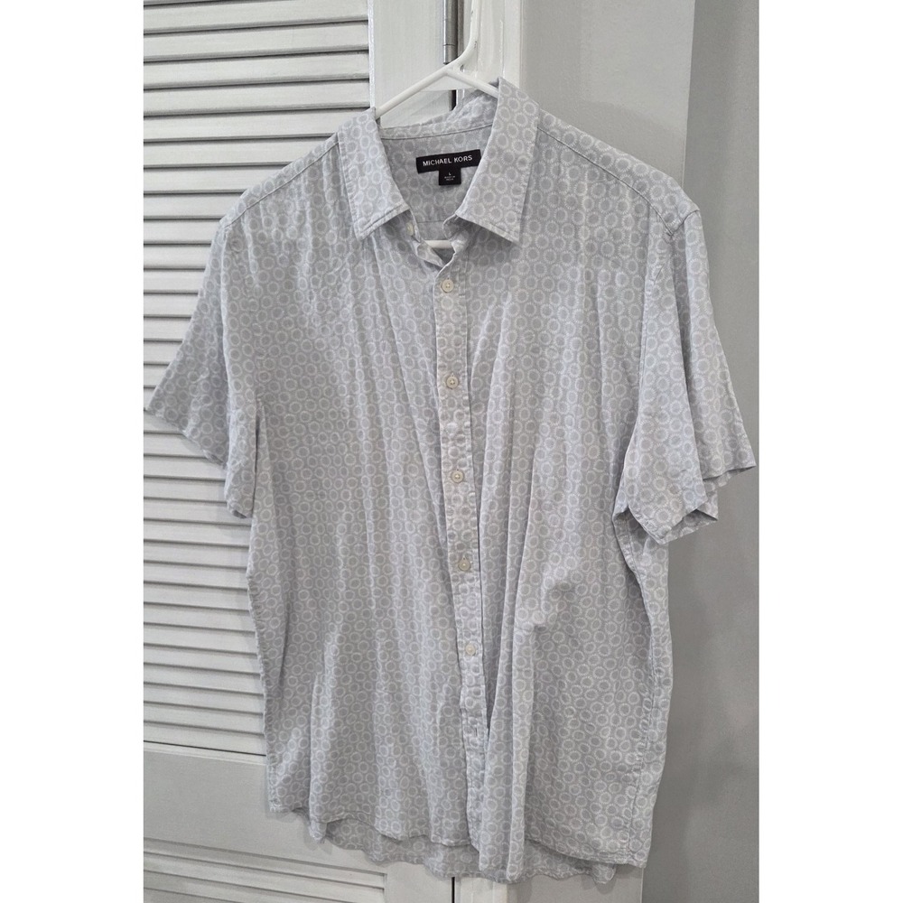 Michael Kors Mens Geometric Gray & White Short Sleeve Button Up Shirt Large